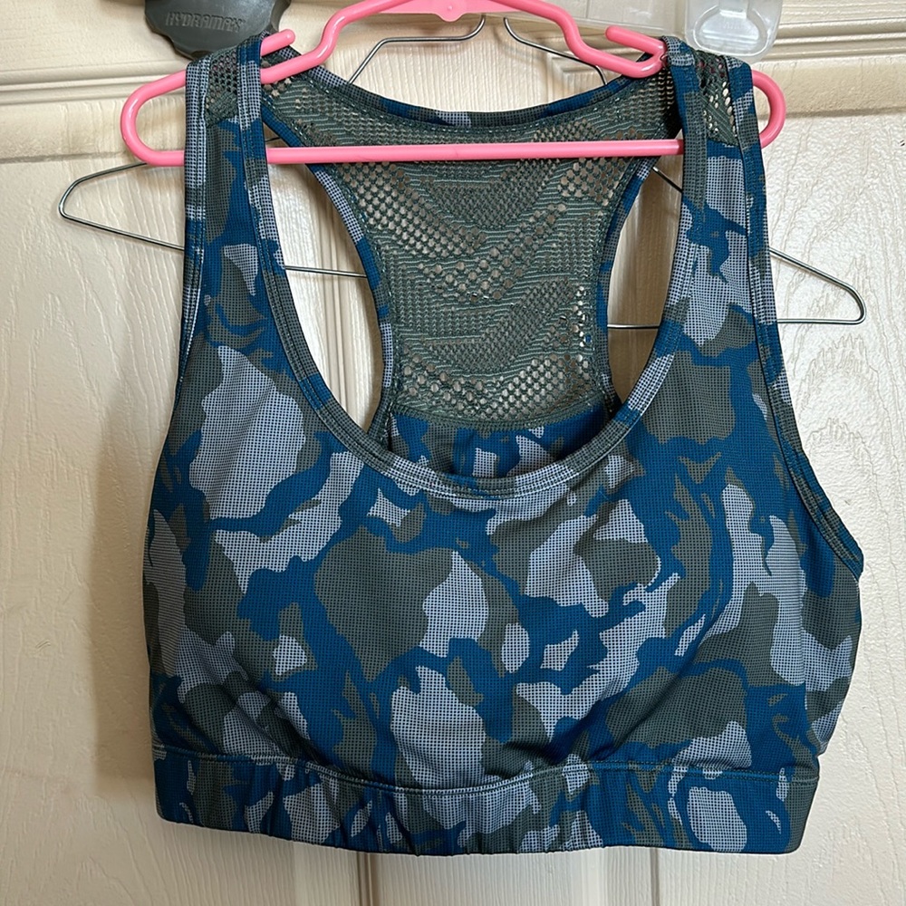 Zyia blue & green camo bomber bra.